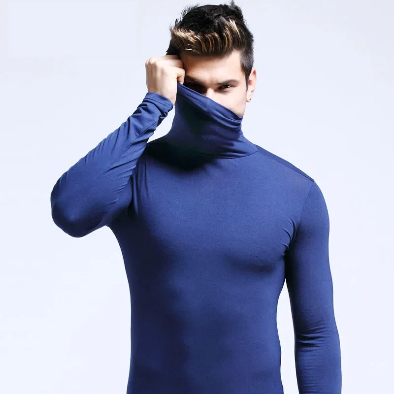 Men Turtleneck T-Shirts Casual High Collar Long Sleeve Plus Size Tees.