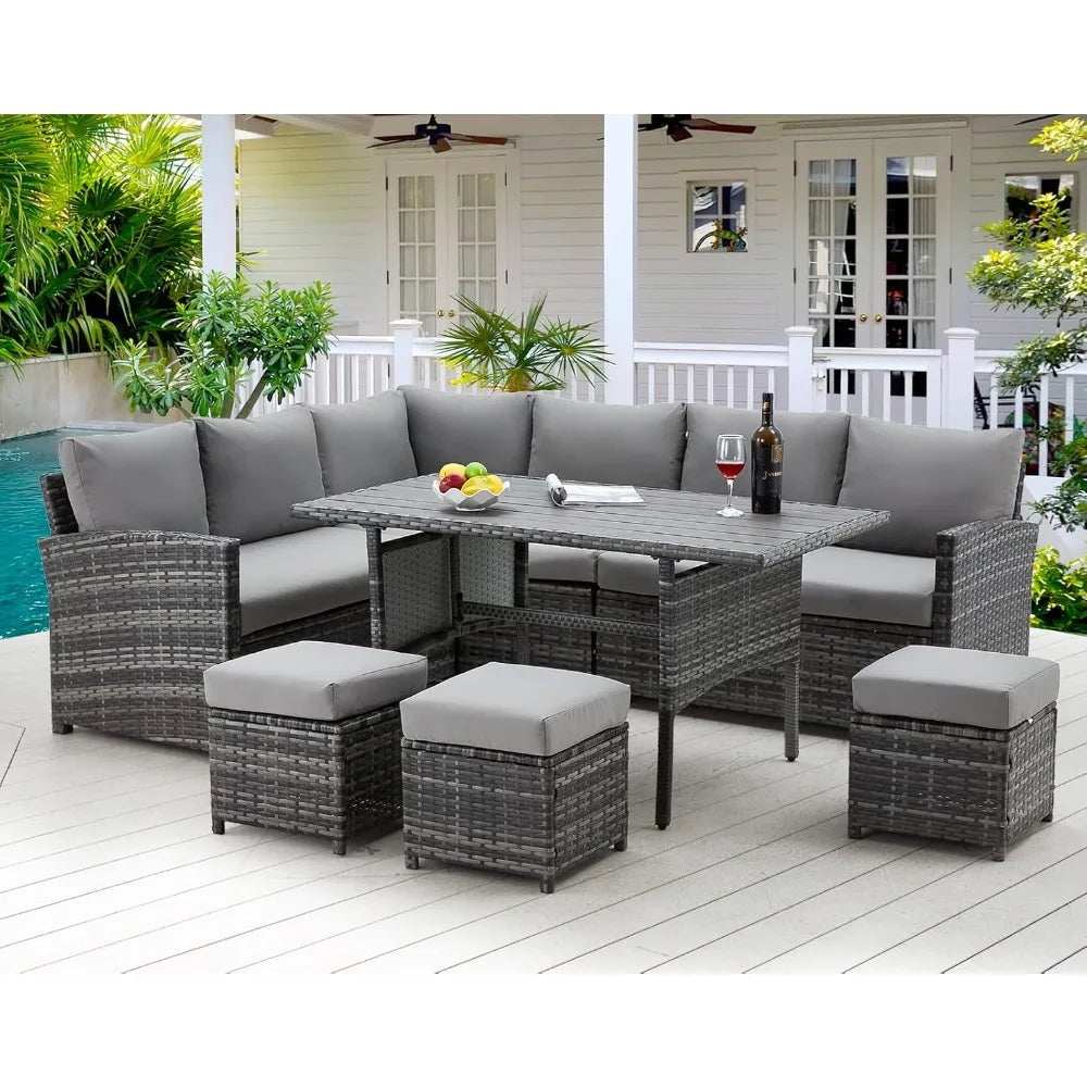 Patio Furniture Set, 7 Pieces Outdoor Patio Furniture with Dining Table&Chair, All Weather Wicker Conversation Set with Ottoman