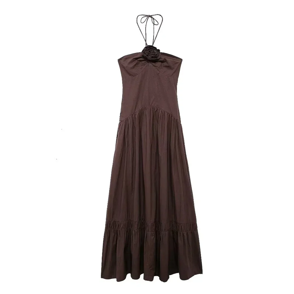 PB&ZA2024 Summer New Women's Fashion Style Slim Fit Waist Solid Color Versatile Convex Flower Decoration Hanging Neck Dress