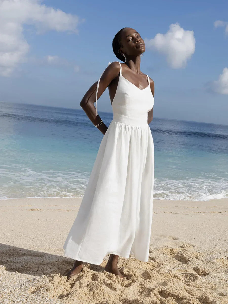 Bornladies Spring Summer Beach Style Women Dress Vintage Loose A-line Sling Dress Sexy Hot Girl 100% Cotton V-neck Dress