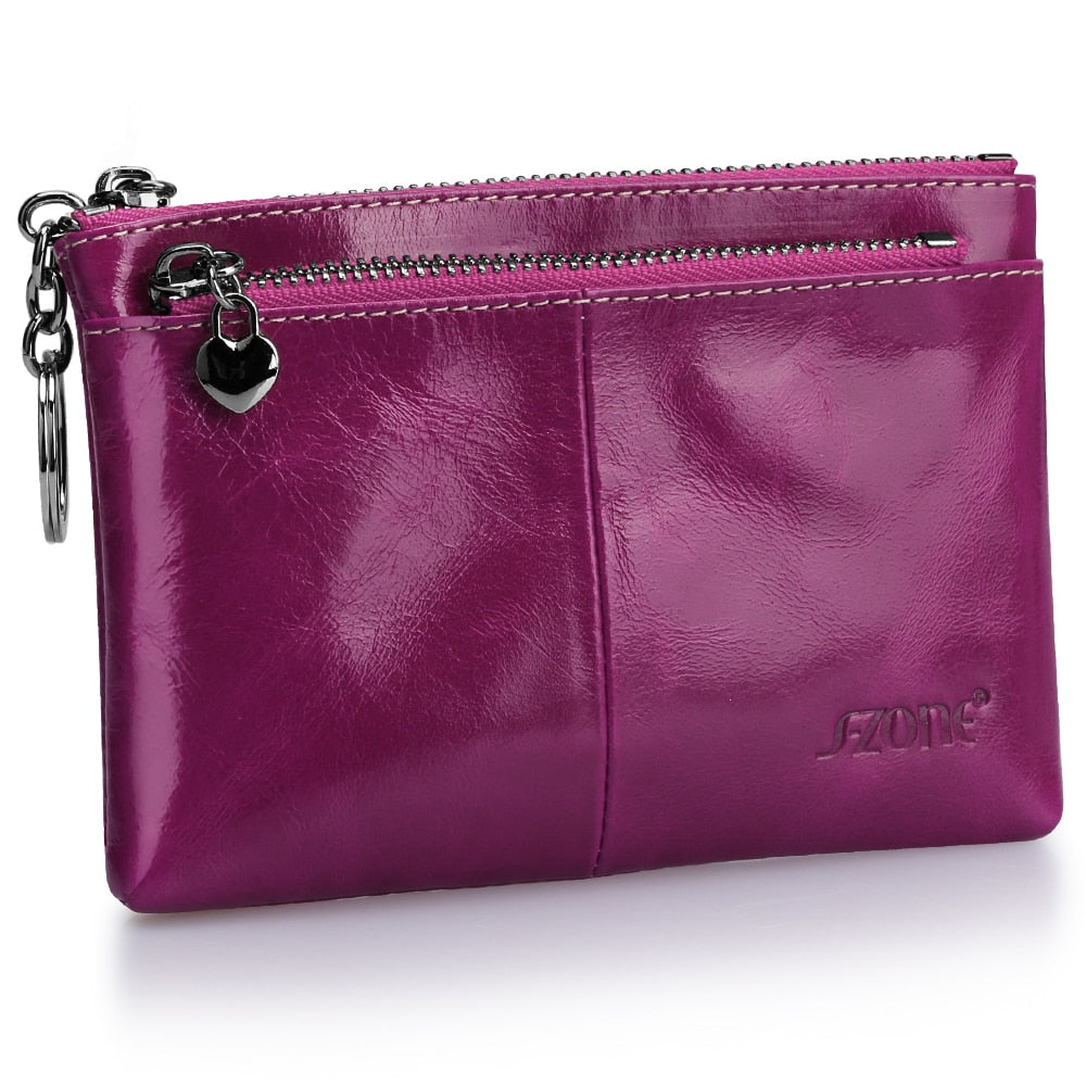 S-ZONE Women Genuine Leather Triple Zipper Small Wallet Change Coin Purse Holder