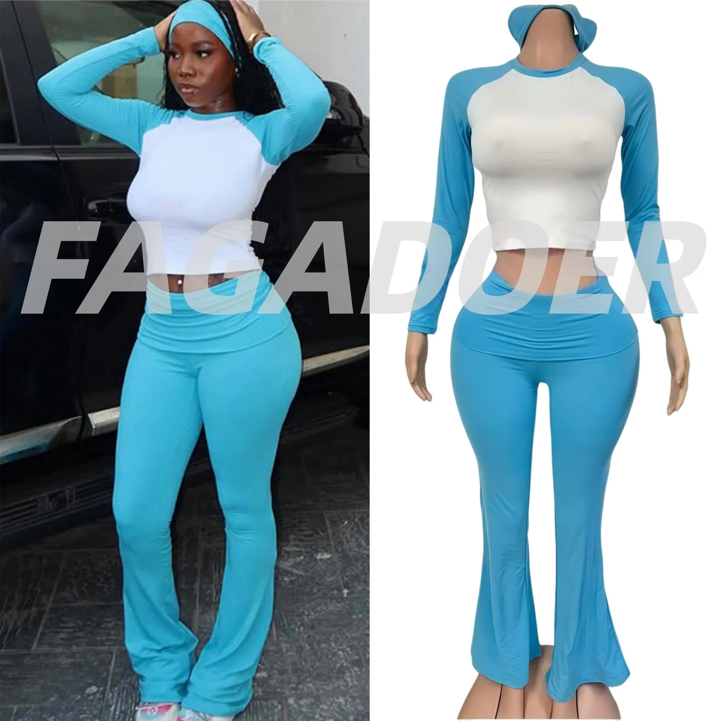 FAGADOER Casual 2 Pieces Set for Woman Long Sleeve Round Neck T-Shirt and High Waist Pants Matching Tracksuits Female Sportswear