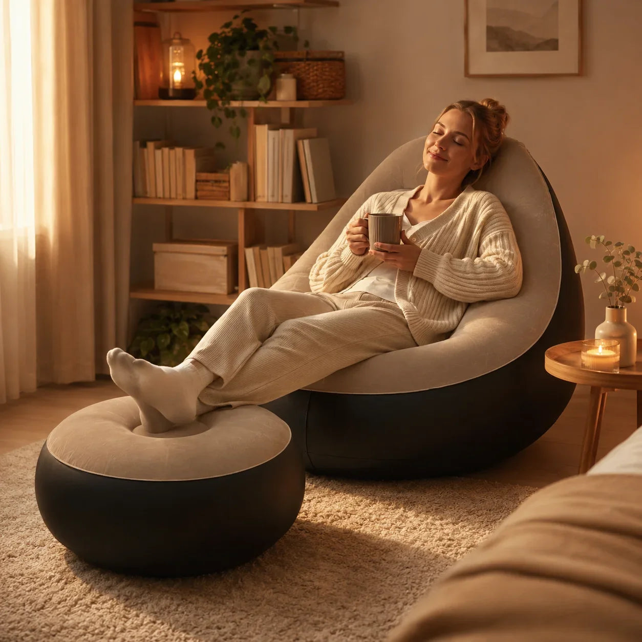 1PC nflatable Air Sofa Chair with Footrest, Portable Lounge Chair Set Soft Flocked Surface for Bedroom Dorm Living Room