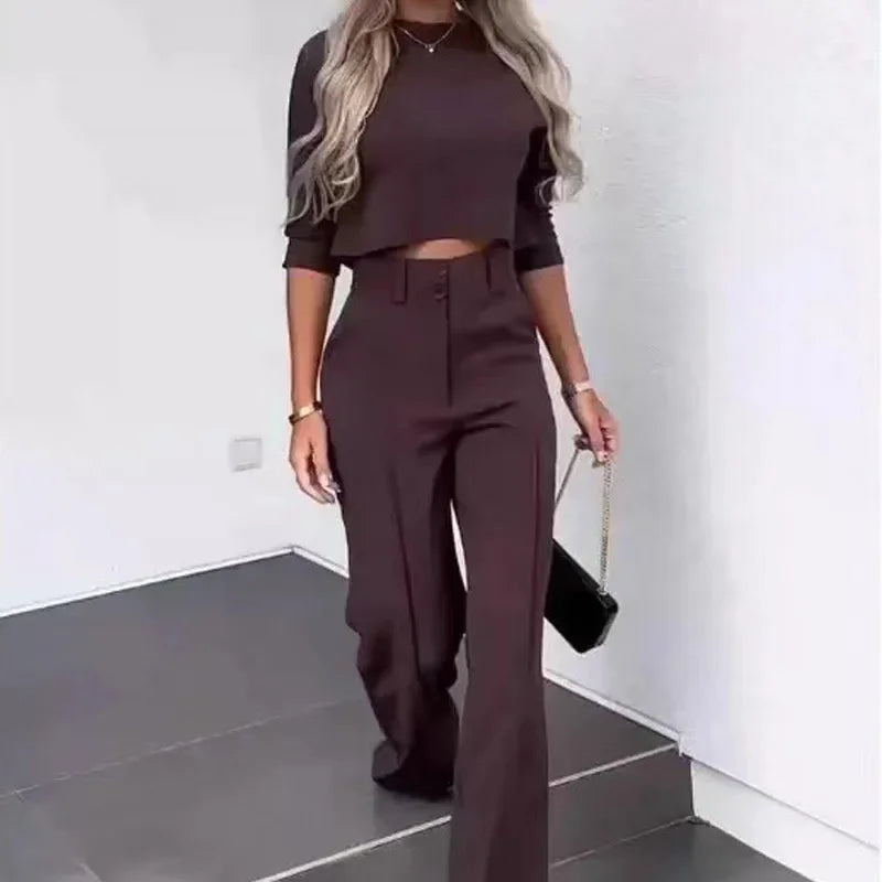 Autumn Winter New Arrivals Women's Clothing Fashion Temperament Pure Color Slim Waist Wide Leg Leisure Two-Piece Set