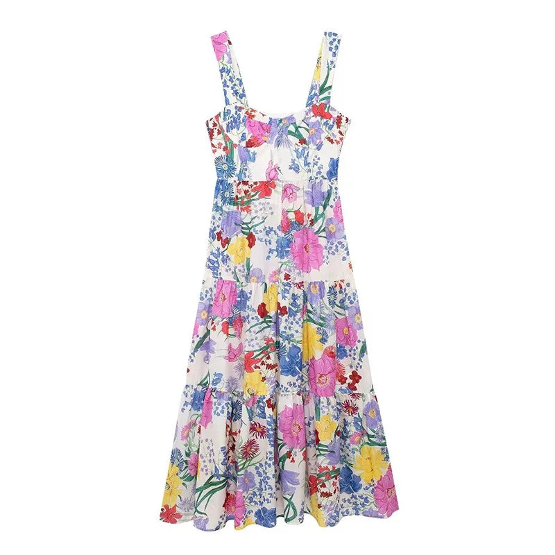 Fashion Flower Slip Midi Dress For Women Summer Backless Sleeveless Holiday Beach Dress Lady Elegant Sweetheart Collar Partywear