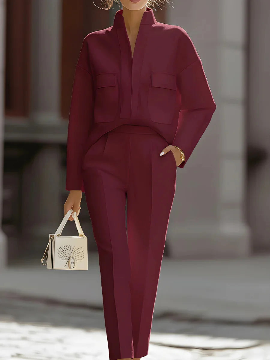 Fashionable Simple Trousers Set Loose Daily Comfortable Commuting Style Long-sleeved Stand-up Collar Top Trousers Two-piece Set