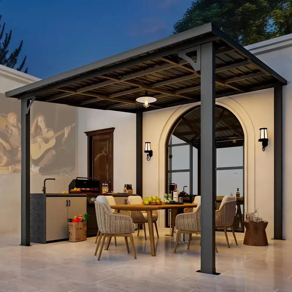 Heavy Duty Lean to Metal Pergolas and Gazebos Clearance, Wall-Mounted Grill Gazebo, 10' x 10' Hardtop Gazebo Outdoor Pergola