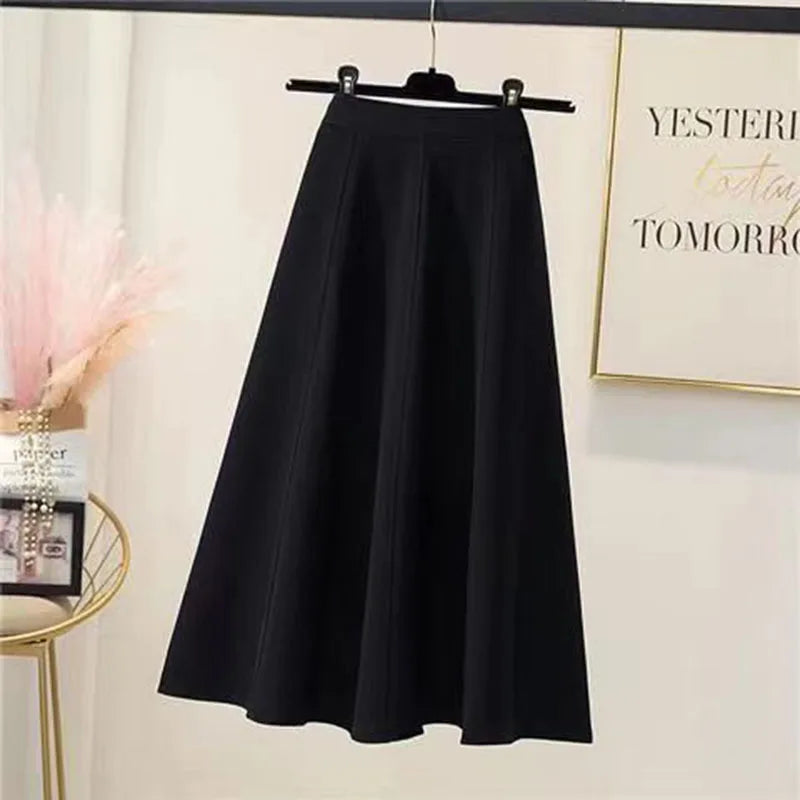 Lucyever Women Back Elastic Waist Mid-Calf Skirts Solid Color Casual Knee-Length A-Line Skirt Korean Summer Long Skirt Woman