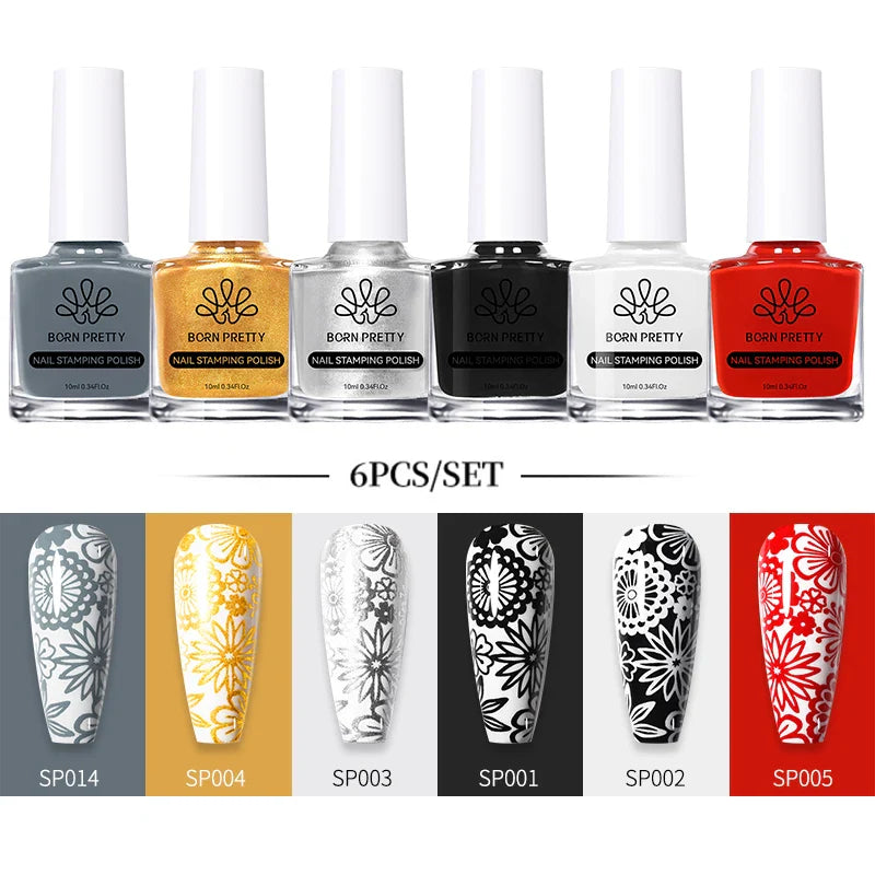 BORN PRETTY 10ml Stamping Nail Polish Set Gold Silver Black White Color Nail Printing Polish DIY for Nail Plate Design Varnish
