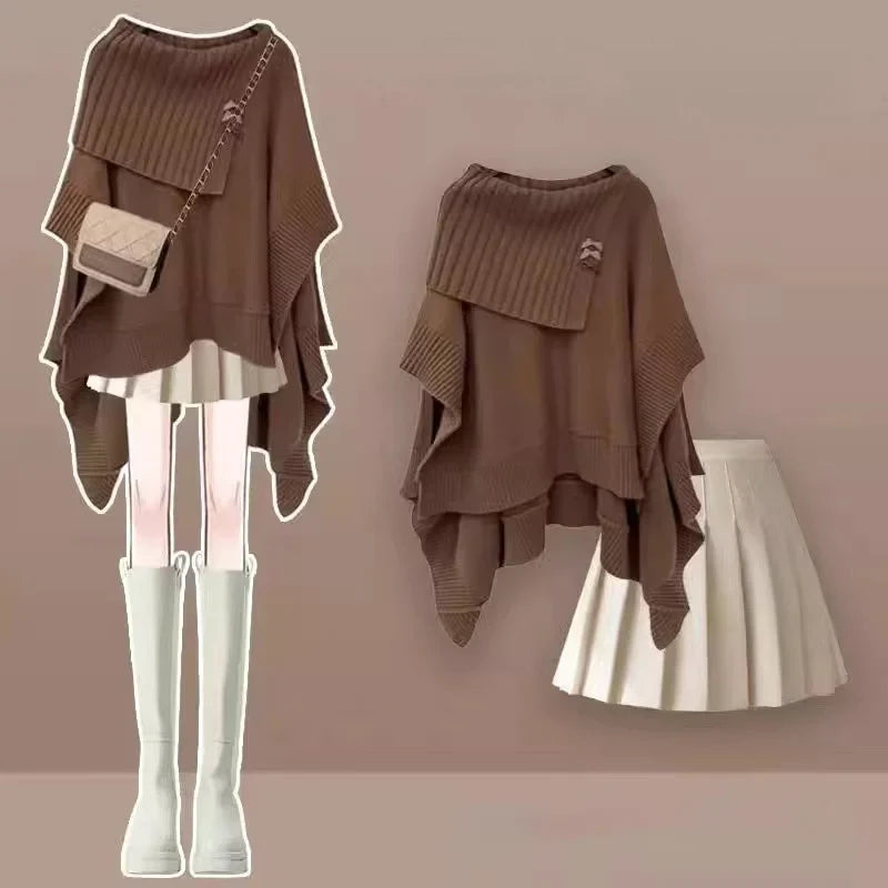 2024 Spring New Loose Knitted Shawl Sweater Mini Pleated Short Skirt Two Piece Set Elegant Women's Skirt Set Sexy Outfits