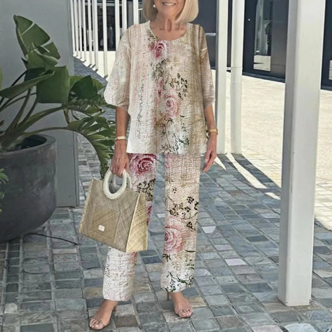 Summer Fashion New 2 piece Sets Women o-neck Sleeve print Pants Suits Casual Loose Irregular Top Wide Leg Pant two piece Set
