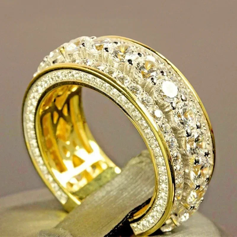 Pure 14K gold color gold full diamond round ring for women men wedding engagement party accessories gift jewelry rings