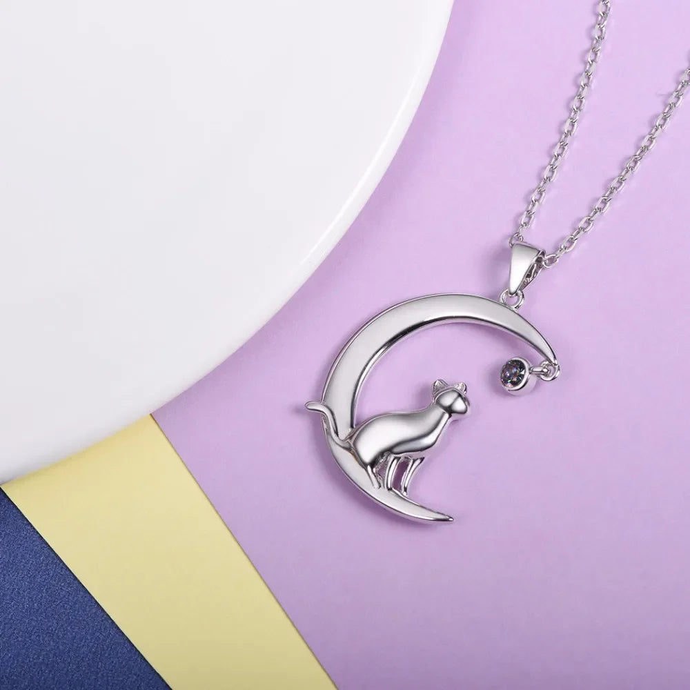 U7 Authentic 100% 925 Sterling Silver Cat Moon Necklace Meditation Women Jewelry   Chain & Pendant Valentine Gift SC17