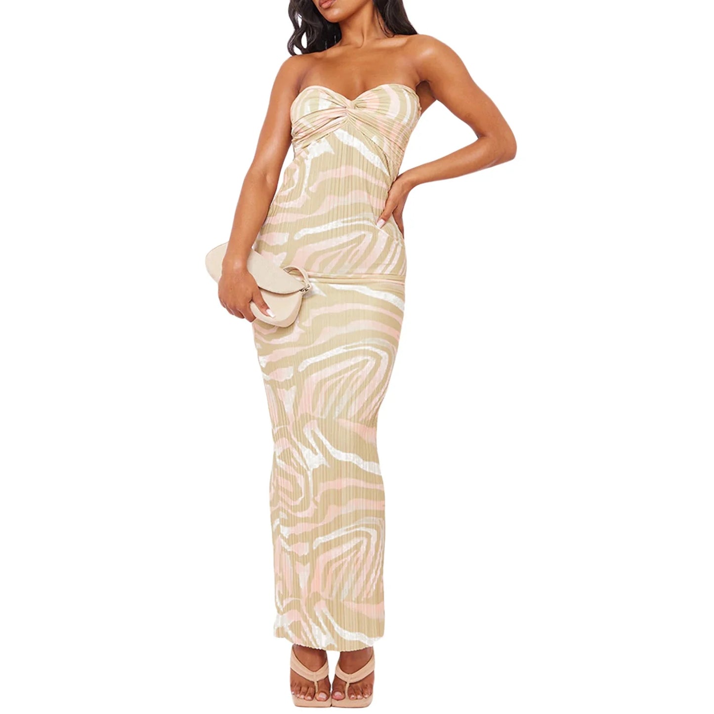 chic and elegant Women Tube Dress Strapless Backless Hollowed Striped Patchwork Long Dress Clubwear robe femme