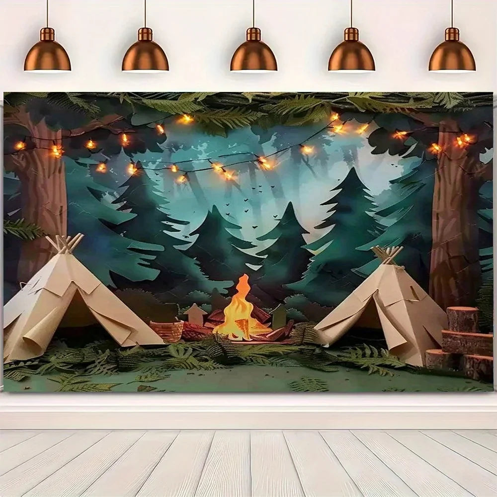 1 Photography Camping Background - Forest Scene Party Background with Tent, Fire Pit, and Light String
