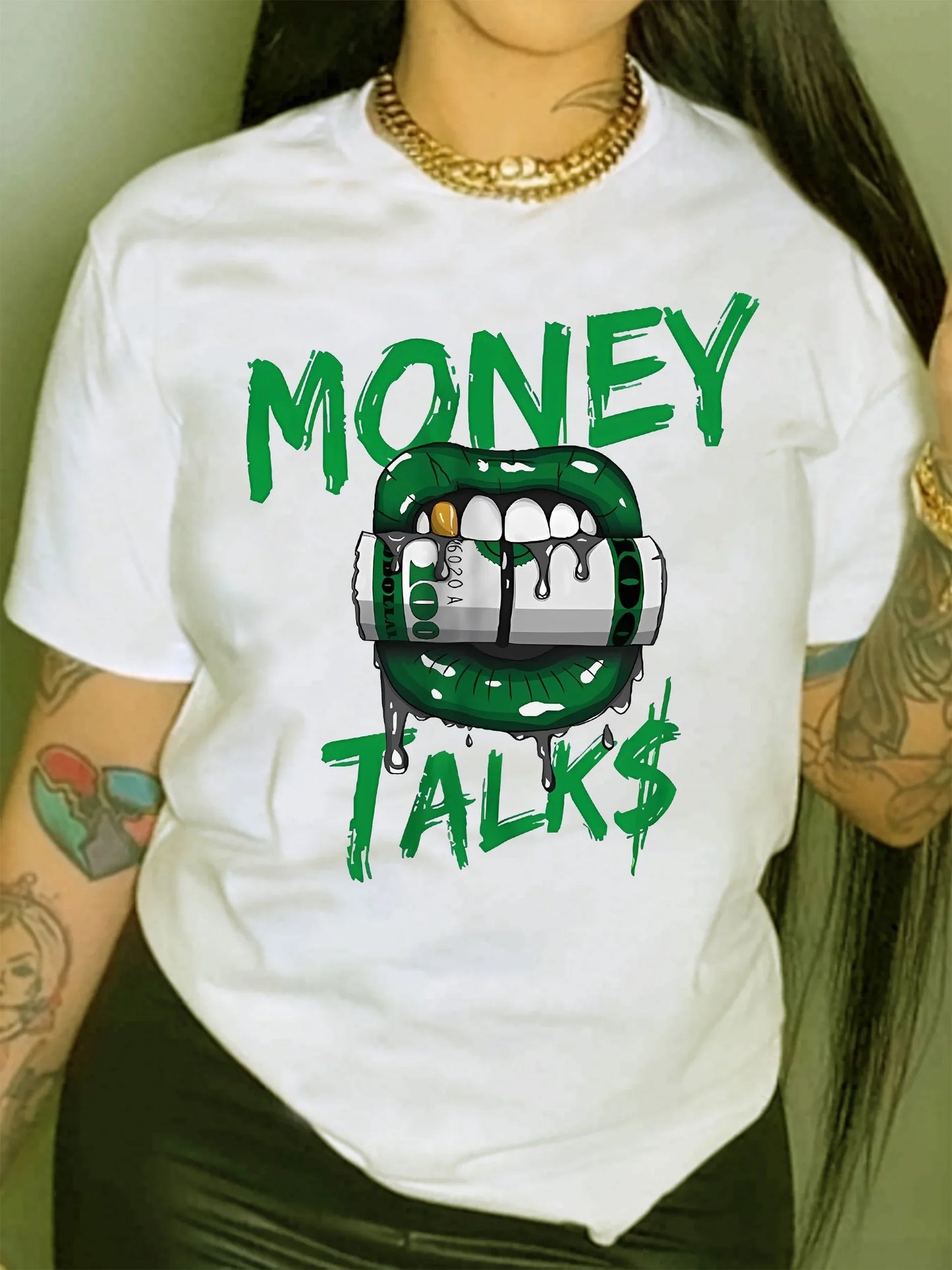 Summer women's Dollar Mouth print large loose casual round neck short sleeved T-shirt