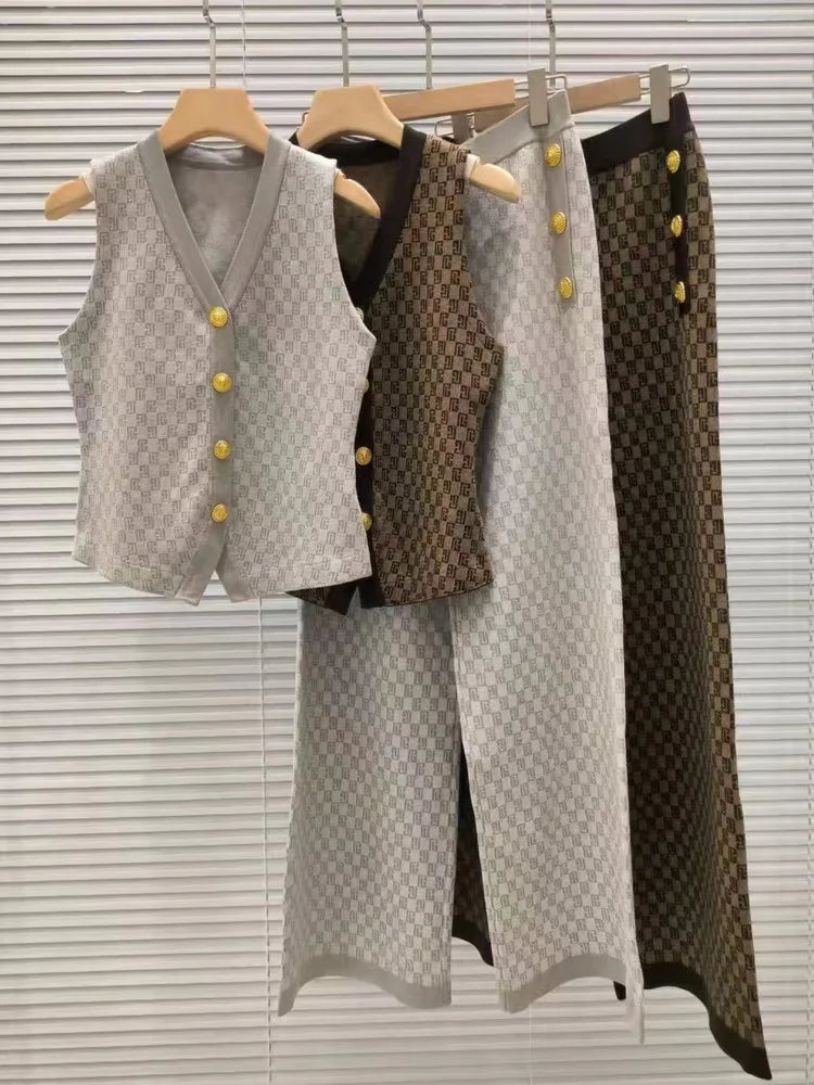 New French Style Women Pant Suit Jacquard Knit Top + Vest + Long Pant Three Piece High Quality Elegant Casual Chic Sweater Sets