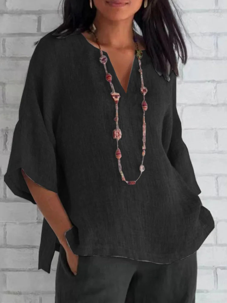 Women's Solid Colour Cotton Linen Shirt 2024 Summer V-Neck 3/4 Sleeve Loose Casual Blouse Women Tops S-3XL