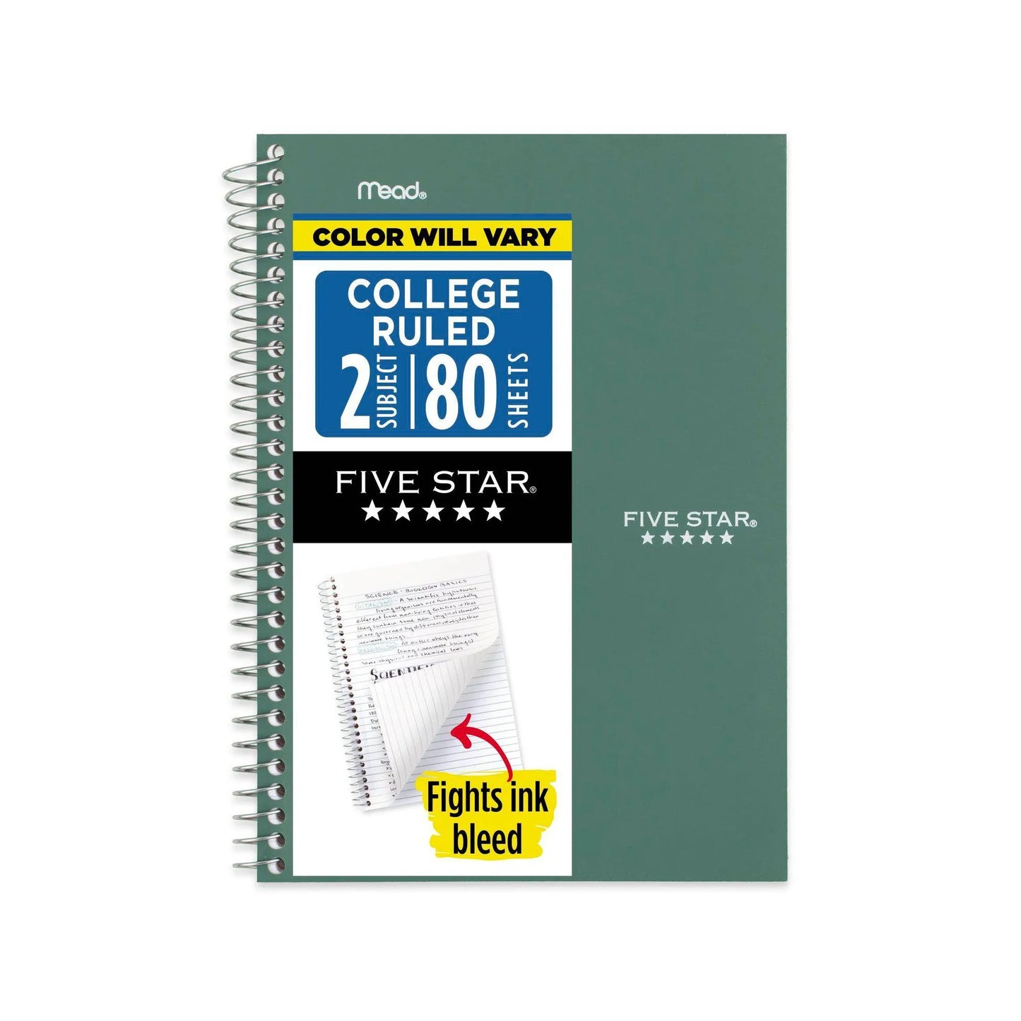 1pcs College Ruled Spiral Notebook With Pocket, Wire Bound, Acid-Free Paper, Perforated Sheets, Water-Resistant Cover, Ink Bleed