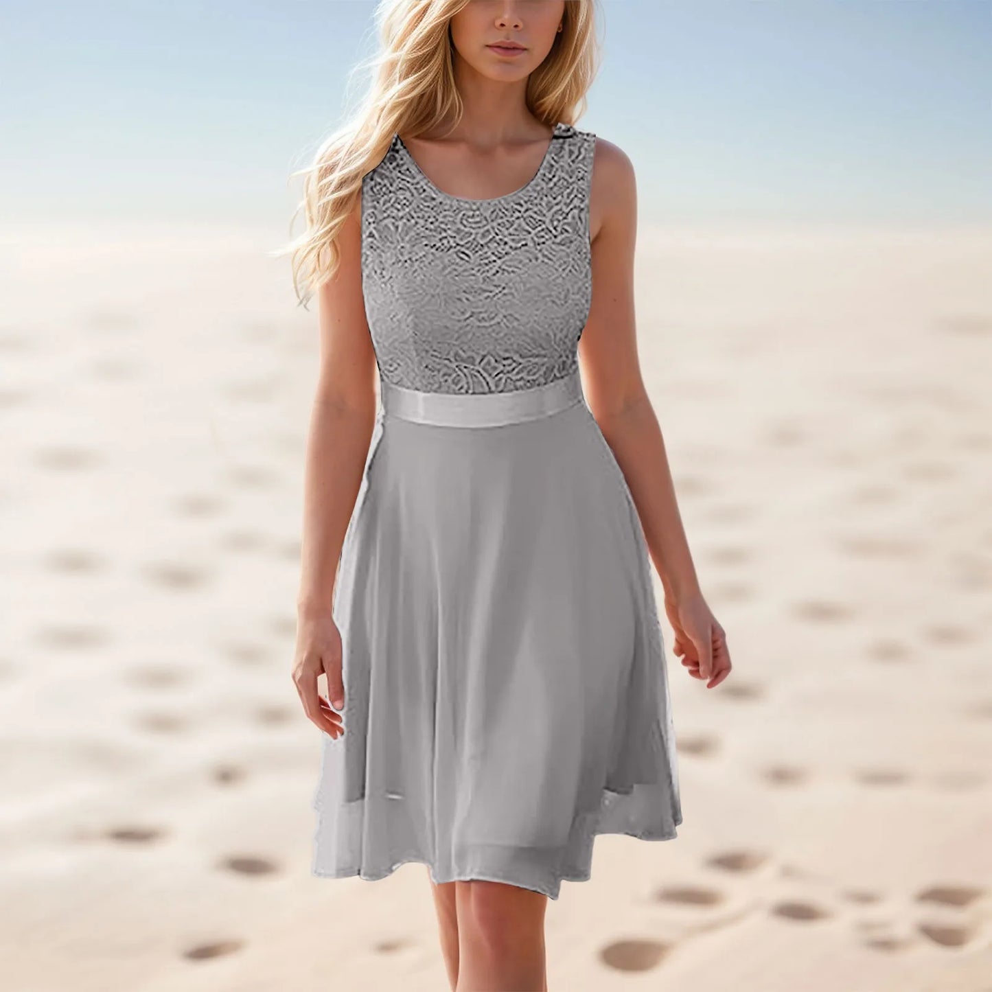 Summer Lace Trim Sundress For Ladies New Waisted Solid Color Sleeveless Lace White Dress Holiday Beach Dresses Party Vestidos