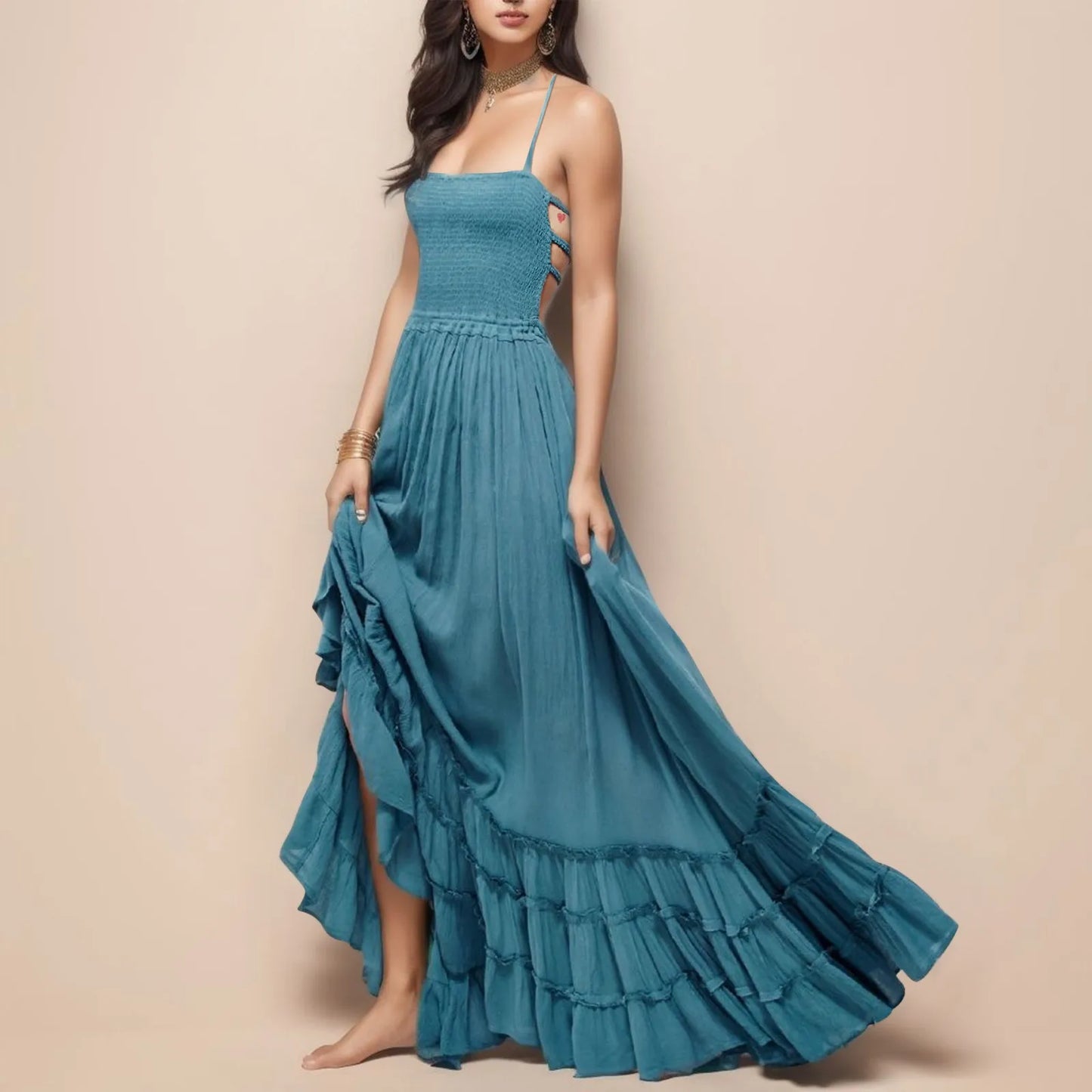 Womens Dresses 2024 Spring Summer Deep V Neck Women'S Smocked Maxi Dresses Summer 2023 Sexy Flowy Beach Long Backless Slip 롱원피스