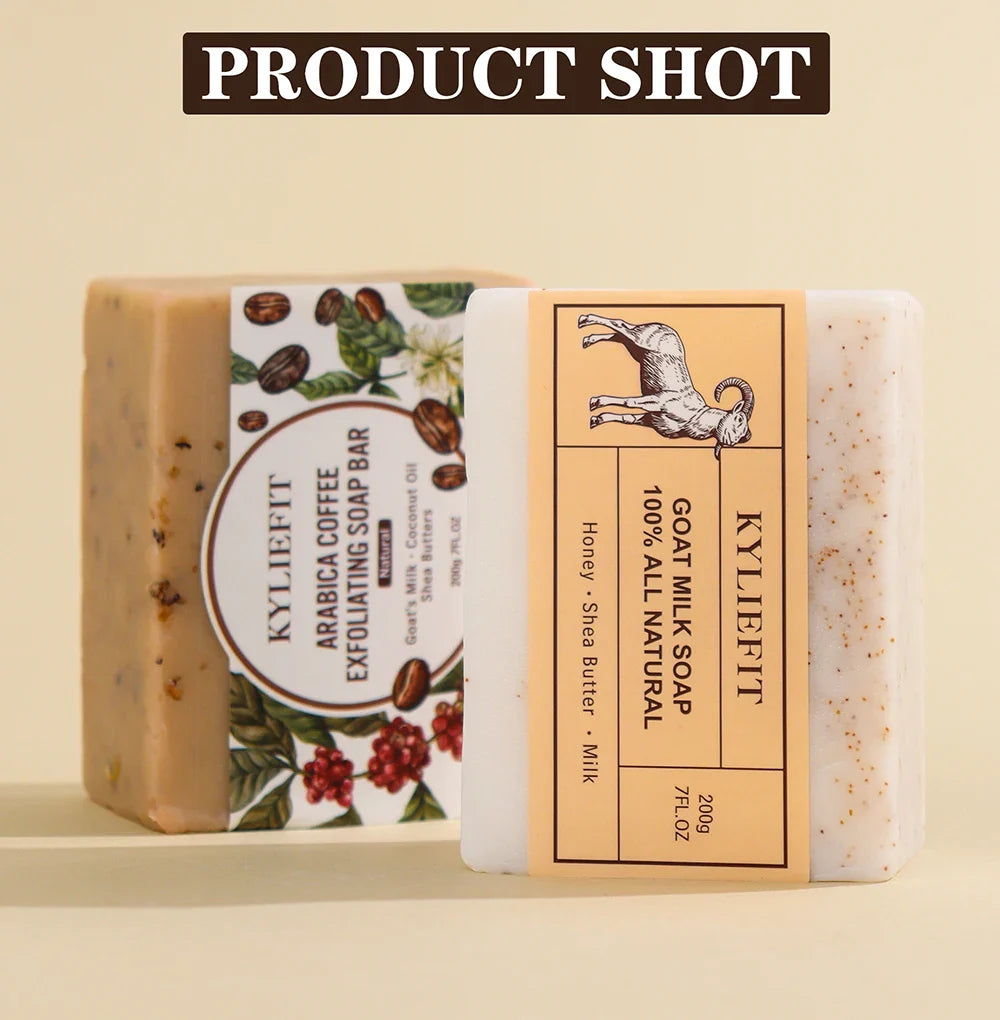 KYLIEFIT Goat Milk Soap Bar, 100% All Natural, Lightening, Cleaning, Moisturizing, With Honey, Shea Butter, Milk, 200g/ 7 oz