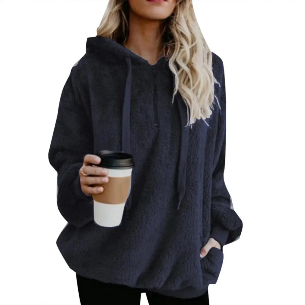 Winter Hoodies Long Sleeve Two Pockets Pullover Sweatshirt Plush Turtleneck Zipper Neck Women Fluffy Sweatshirt Outerwear
