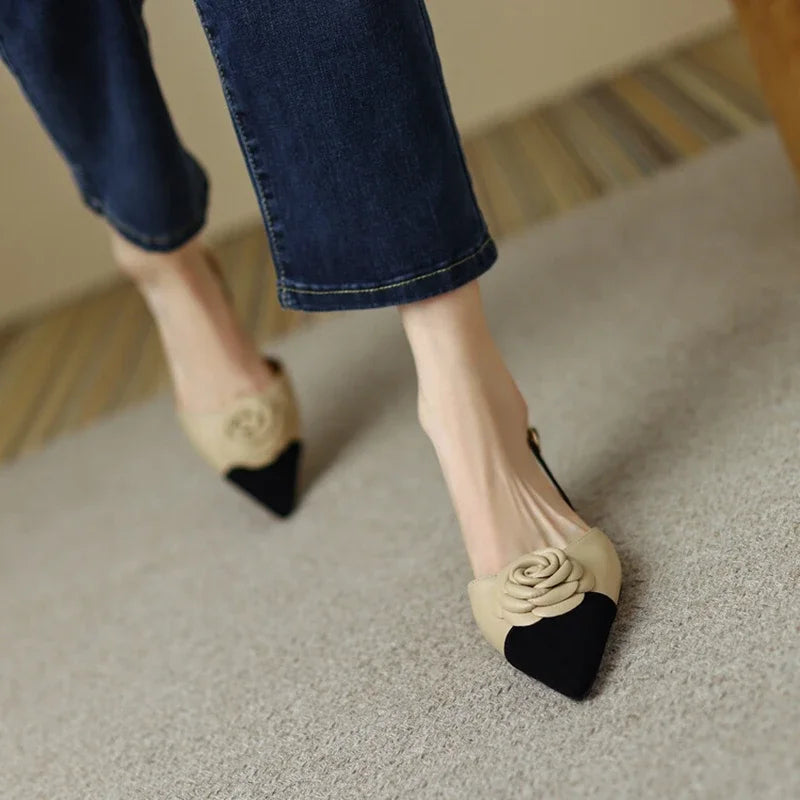 NEW Summer Women Shoes Split Leather Pointed Toe Women Sandals Mixed Colors Chunky Heel Shoes for Women Soft Low Heels Plus Size