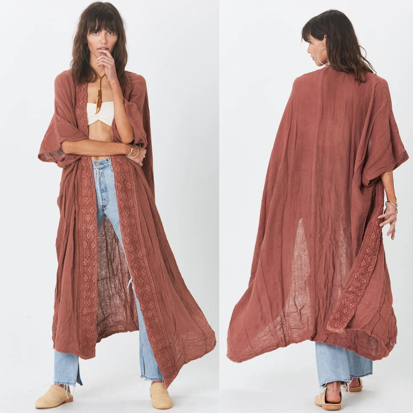 WeHello-Women's Beach Cover Up Bamboo Fabric Collar Cardigan, Sun Protection, Loose and Comfortable Shirt, Holiday