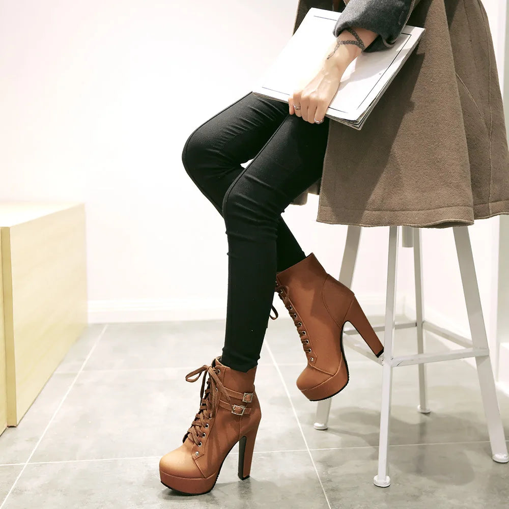 High Heel Platform Lace Up Heeled Ankle Boots