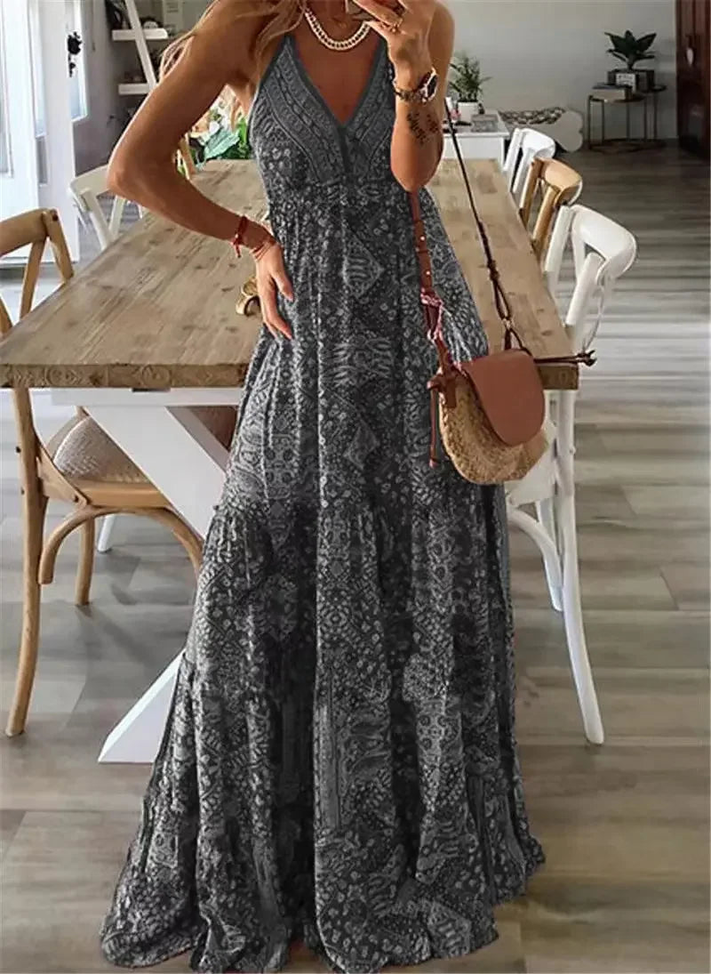 2024 Women's Summer Boho Long Dresses Elegant V Neck Party Dresses Vintage Printed Sleeveless Sexy Slim Maxi Beach Dress Mujer