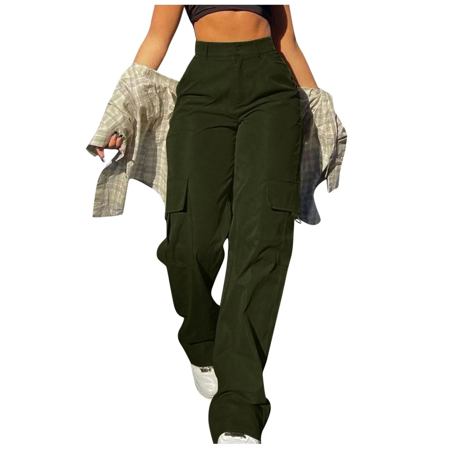Ladies' Street Fashion Multi Pocket Cargo Pants Summer Solid Color Straight Leg Pants High Waist Slimming Loose Fit Cargo Pants