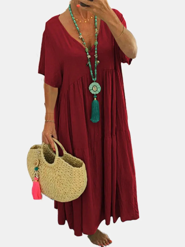 Summer New Casual Solid Color Cotton Hemp Short Sleeve Long Women's Dress Simple Loose Beach Maxi Female Fashion Dresses 2023