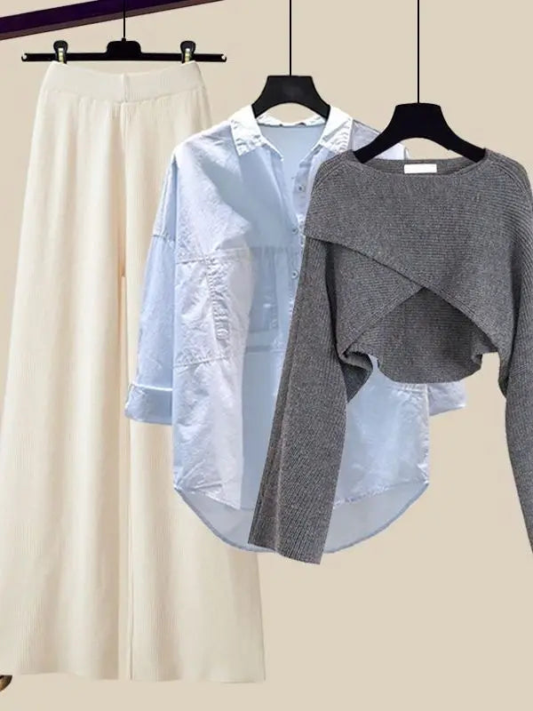 Fall Winter Knitwears 3 Pieces Set For Women Plaid Knitted Vest+solid Blouse+wide Leg Knitting Pants Sets Women Outfits 2024