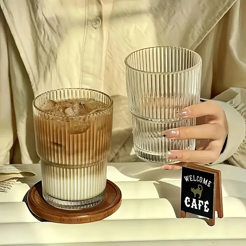 6pcs, 200ml/6.8oz Stackable Ribbed Glass Cups, Iced Coffee , Juice Cups,  Reusable Glass Cups.