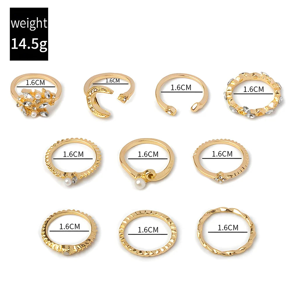 10pcs Rings Suit for Women Gold-Color Chain Ring Set Bohemian Style