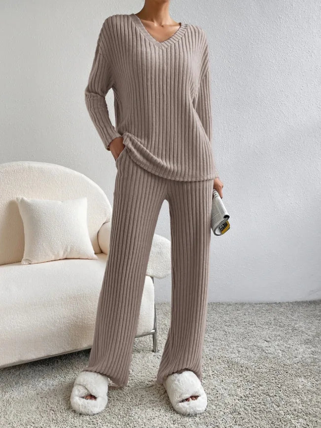 Women's Pajamas Home Wear Autumn Winter Casual Straight Pants Rib Pullover Sleepwear Loose V Neck Knitted Two Piece Loungewear