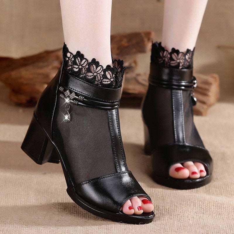 Summer New Fish Mouth Sandals Open Toe Mesh Zipper Thick High Heels Sexy Party Rhinestone Leather Women Boots Plus Size 40