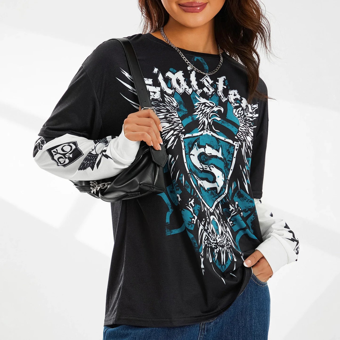 Women Vintage Graphic Print Round Neck Long Sleeve Shirts Autumn Fashion Fake Two-Piece T-Shirts Loose Casual Tops Streetwear