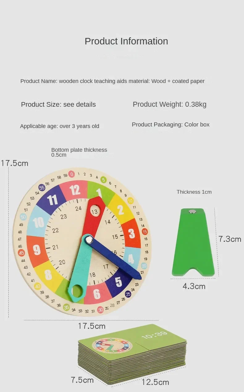 Wooden Clock Model Teaching Aid Montessori Learning Clocks with Cards Kindergartner Toy for Game Interaction Playroom Wall
