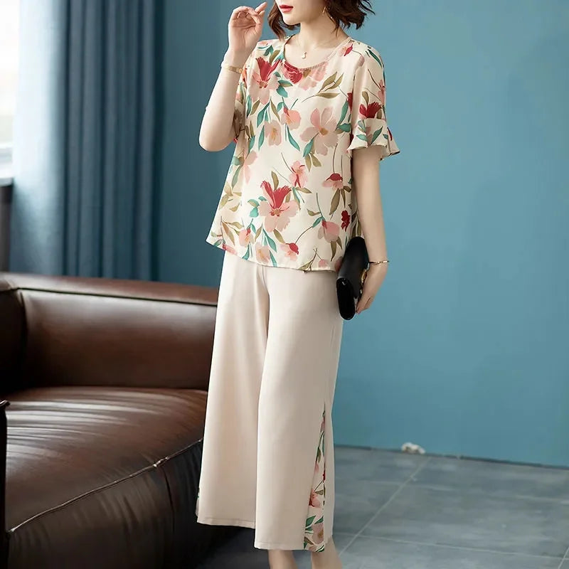 Summer Ladies Fashion Printing Wide Leg Pants 2PCS 2025 Women Short Sleeve Pantalons Outfit Korean Femme Chiffon Two-piece Set