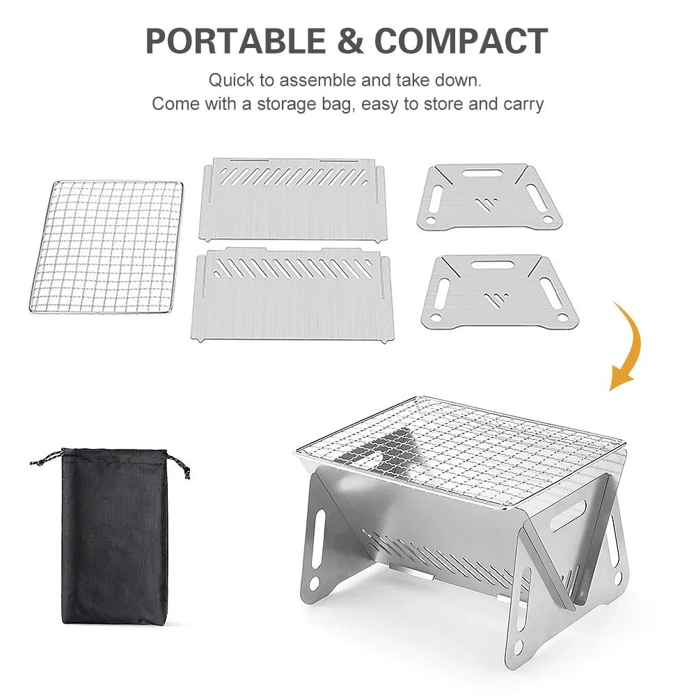 Camping Wood Burning Stove with Grill Plate Outdoor Portable Folding Stainless Steel Backpacking Cooking Stove