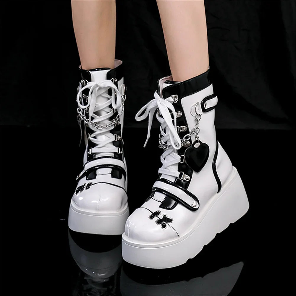 Brand New Ladies Goth Platform Ankle Boots Fashion Buckle Zip Rivet Punk Wedges High Heels Womens Boots Party Street Woman Shoes