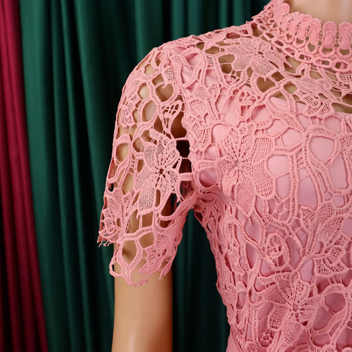 Elegant Jumpsuits & Rompers for Women, O Neck Lace Patchwork Short Sleeve Sashes High Waisted.