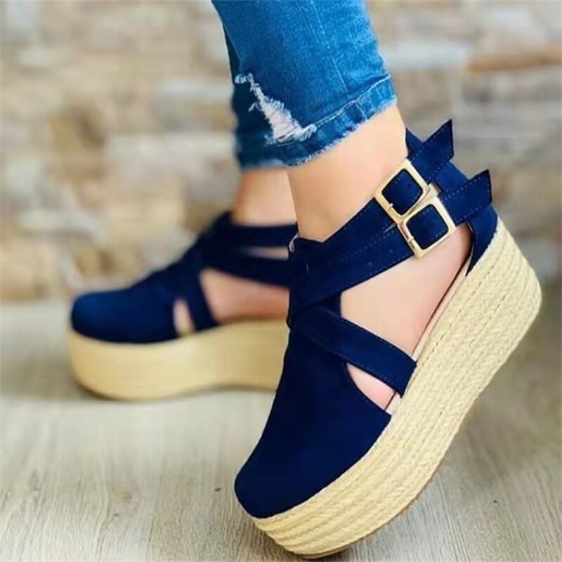 Summer New Sandals Womens Buckle Belt Retro Platform Straw Velvet Fashion High Heels Cozy Girl Sandalias Plus Size 35~43
