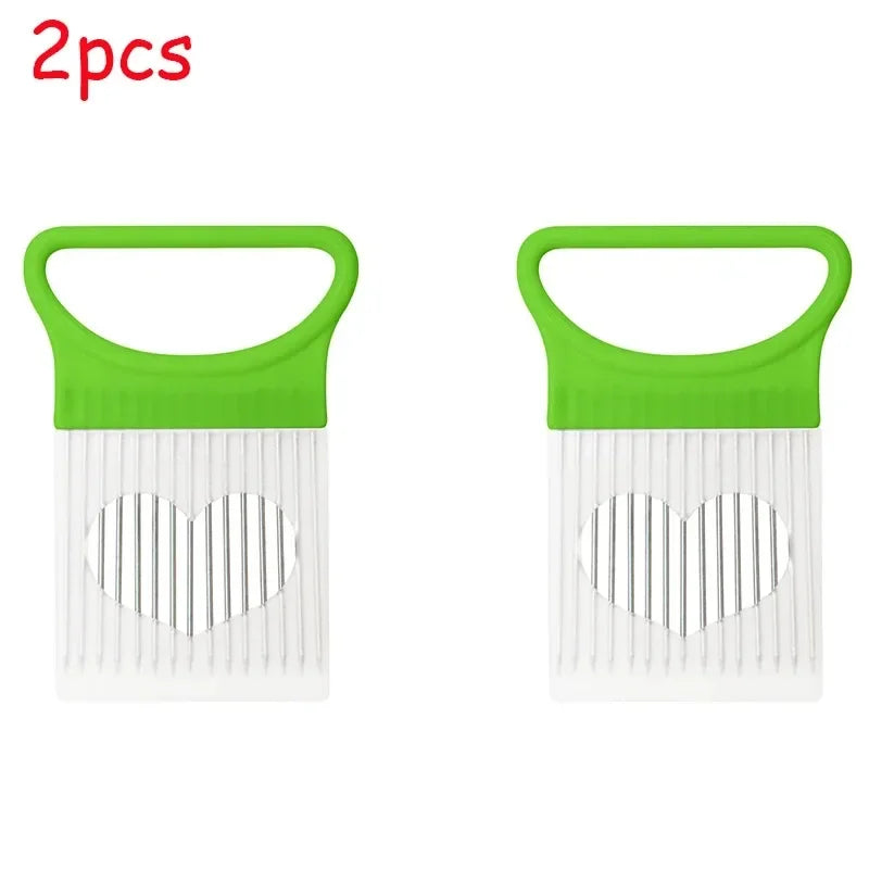 1/2/3/4pcs Effortlessly, Slice Onions with this 1pc Colorful Onion Slicer stainless steel potato chip onion holder.