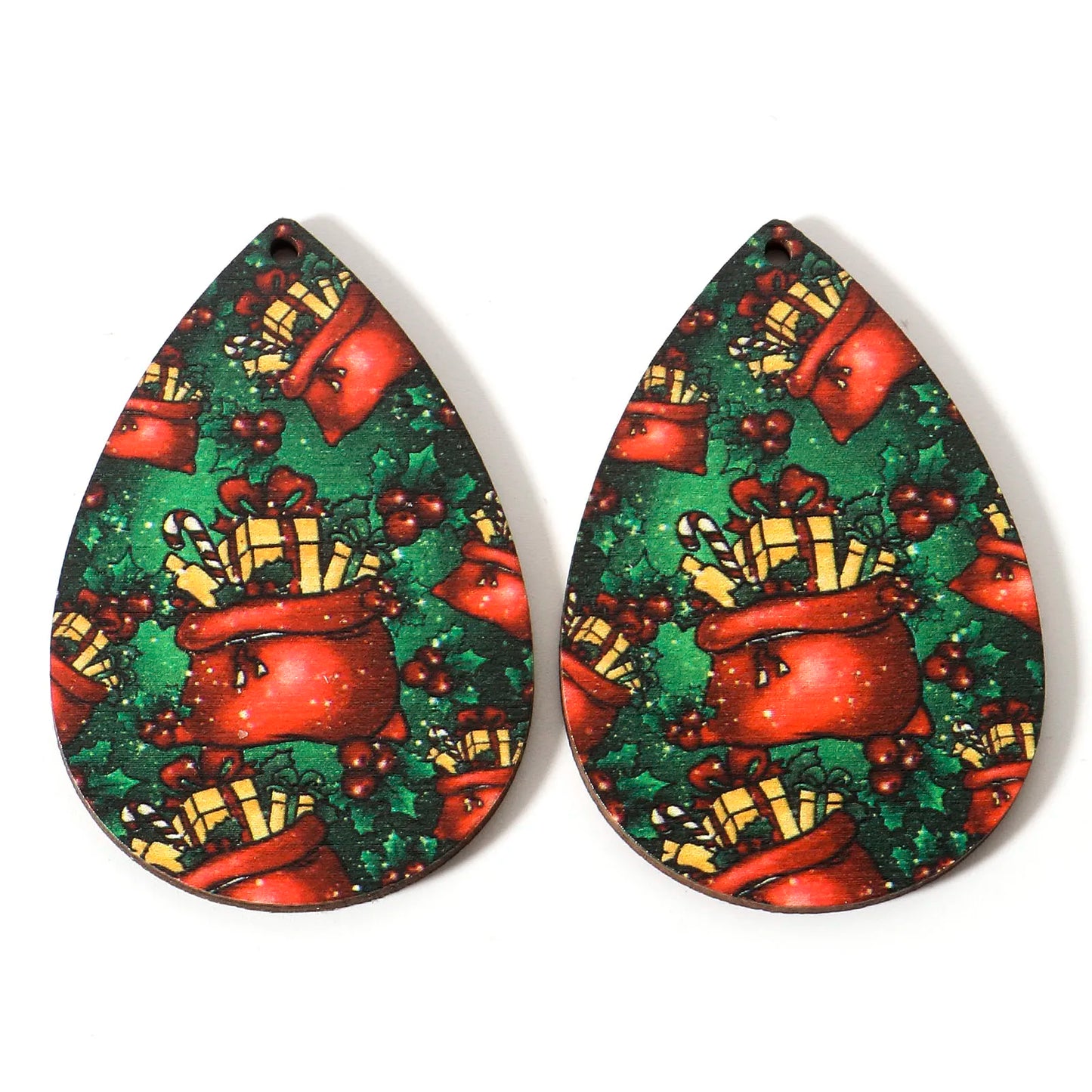 10pcs Multicolor Christmas Wood Pendants Drop Shaped Christmas Tree Snowman Charms DIY Earrings Women Jewelry Gift 5.4cm x 3.7cm