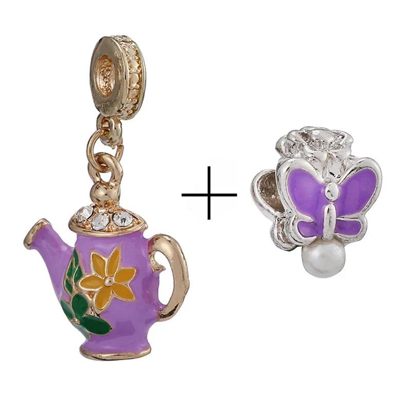 BRACE CODE 2Pcs/Lot Pan Spring New Purple Charm Love Floral Diy Beads Pendant Making Men's Women's Children's Fine Bracelets