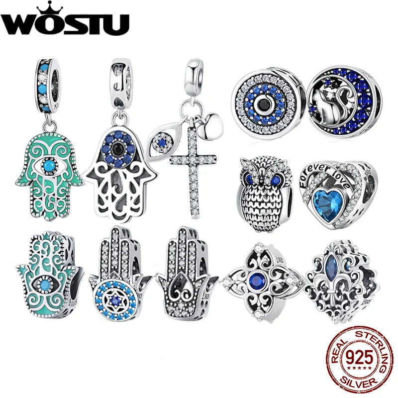 WOSTU 925 Sterling Silver Evil Eyes Charms Fatima Hand Hamsa Vintage Pendants For Women  Heart Beads Fit DIY Bracelets Necklaces