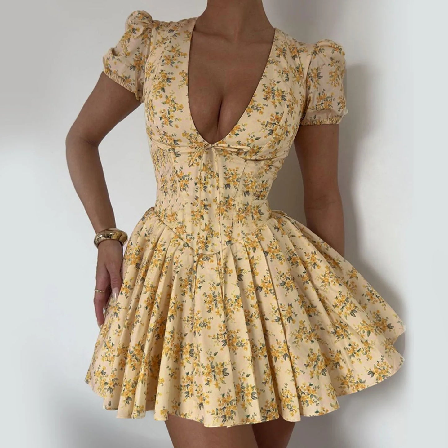 Sexy Deep V Neck Women's Dresses 2025 Summer A-Line Mini Dress High Waist Pleated Floral Printed Beach Party Dresses Vestido 